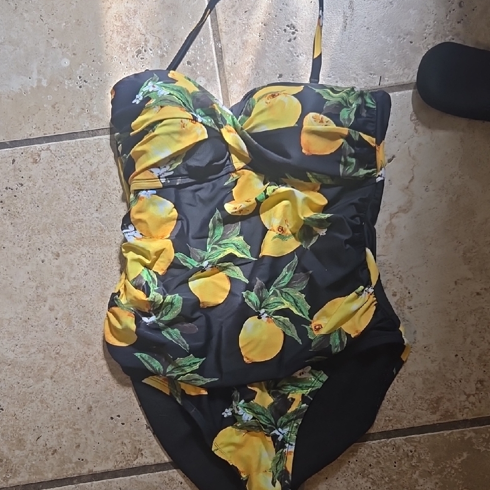 Lemon Print Black One Piece Swimsuit